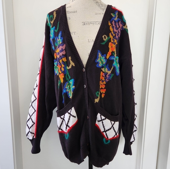 80s graphic knit buttonup cardigan sweater - Picture 1 of 10